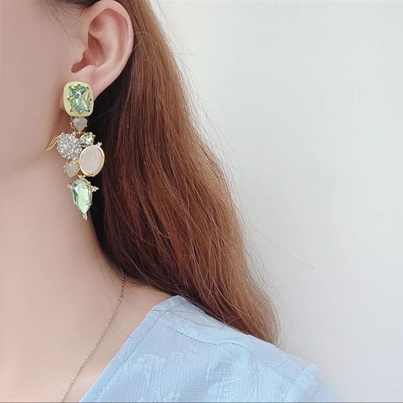 ALEXIS BITTAR • Clip On Enamel Inlaid Green Drop Crystal Encrusted Earrings - Picture 6 of 9